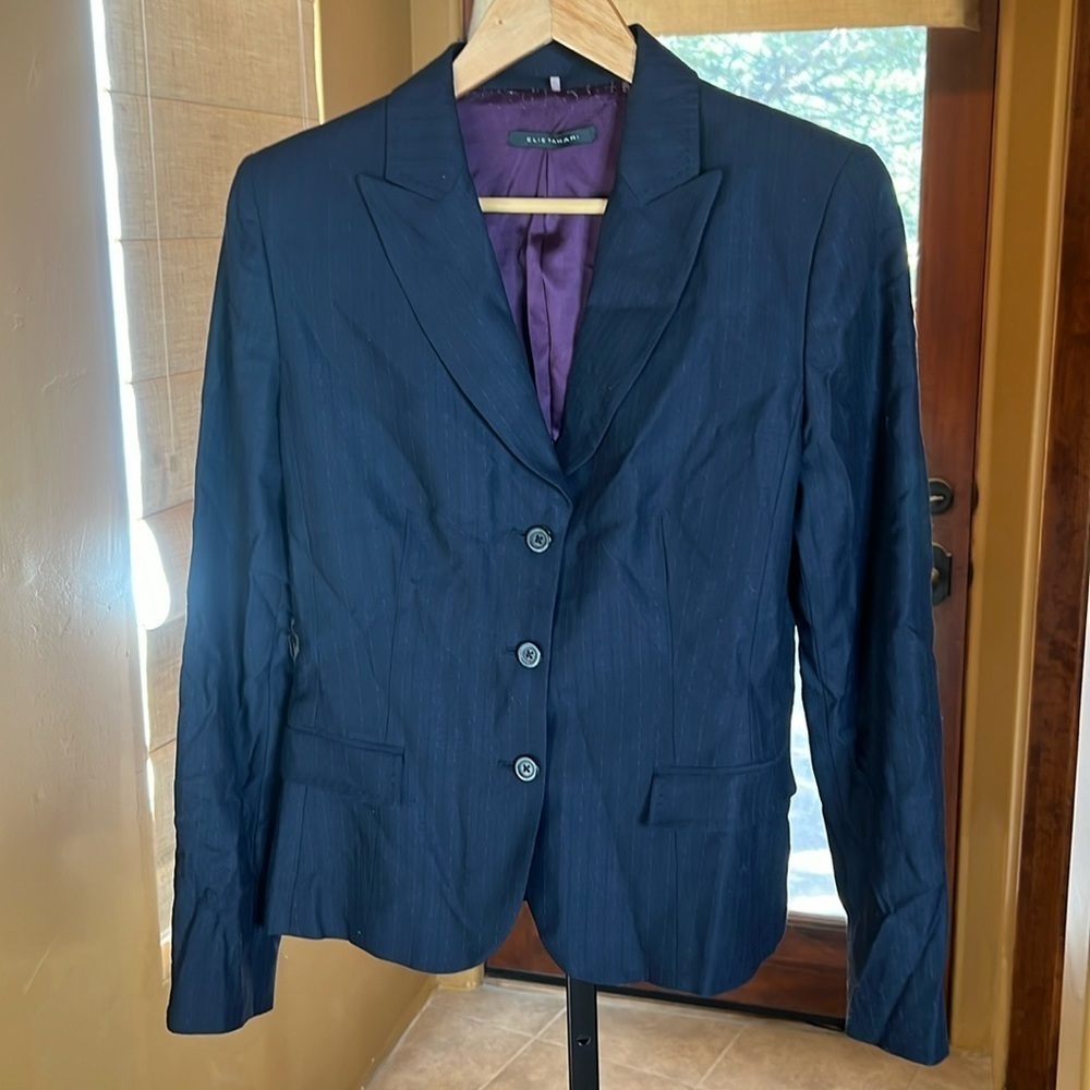 Elie Tahari Navy Blue Purple Wool Blend Pinstriped Jacket Blazer Size 10